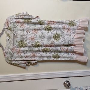 Est. 1946 Floral with Pink Lace Ruffle Hem Tunic Top Long Boho Cottage Core Lg